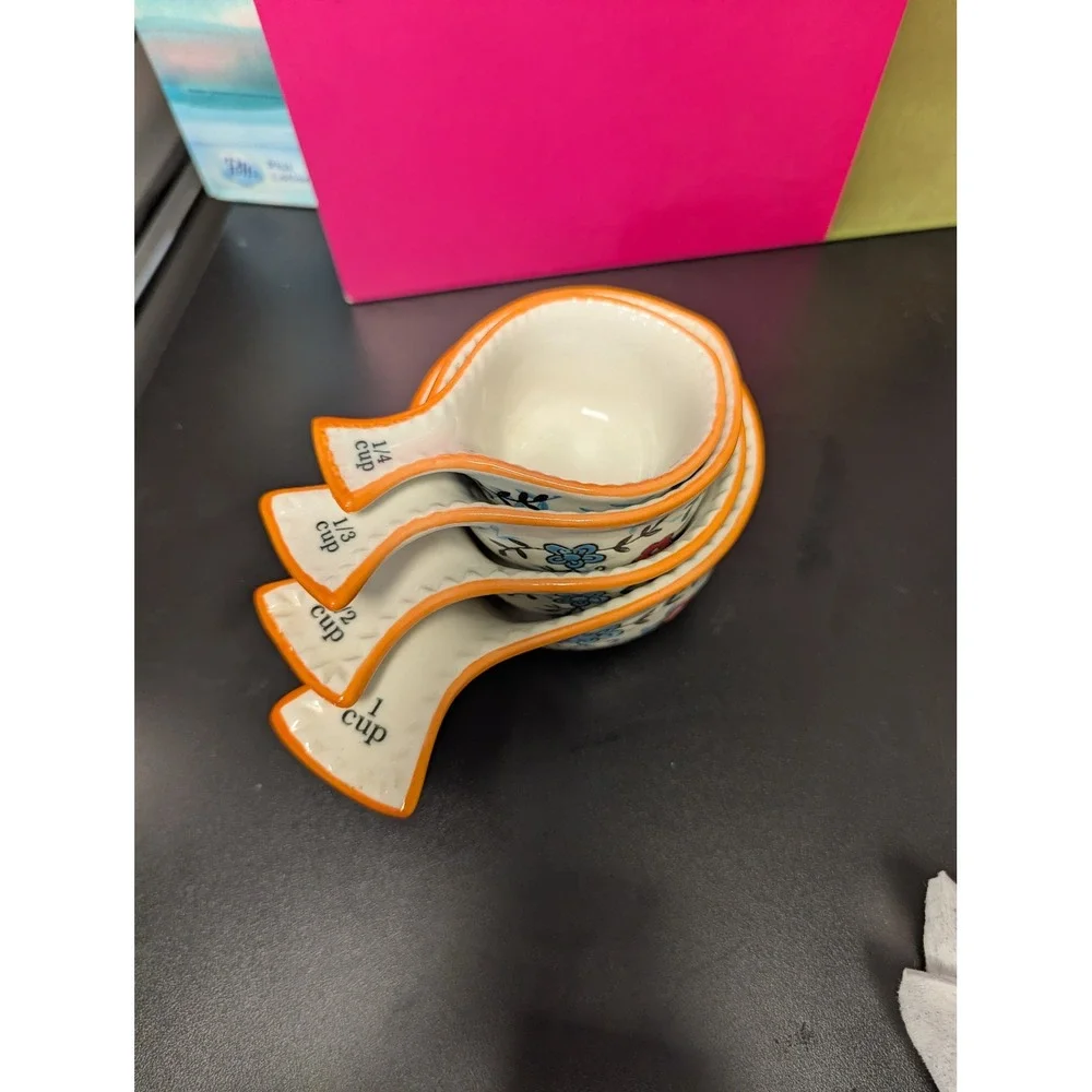 Dutch Wax Measuring Cups Ceramic Floral Handpainted Set of 4 Orange Blue